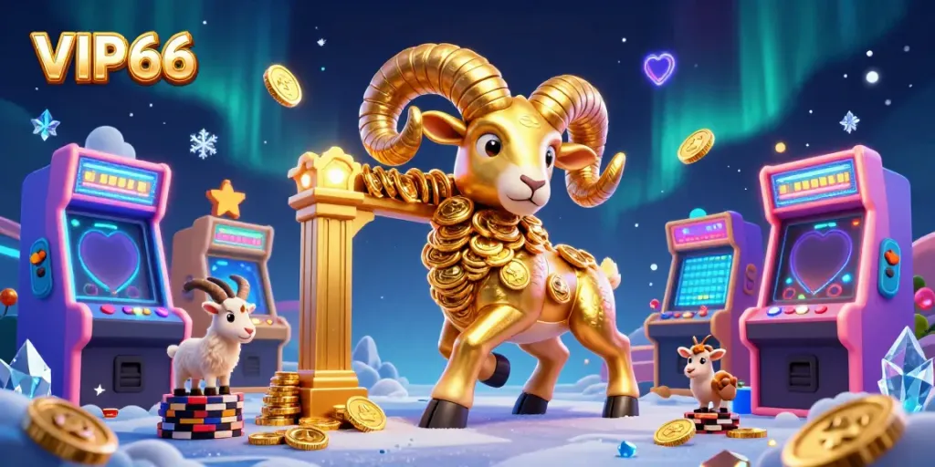 Experience thrilling gameplay with VIP66's vibrant and dynamic casino scene featuring golden ram and arcade elements.
