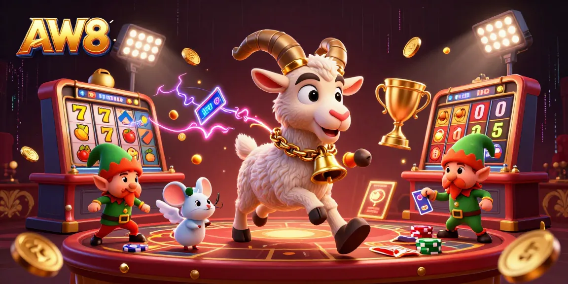 AW8 casino illustration features Krampus, an angel mouse, and mischievous elves amidst slot machines.