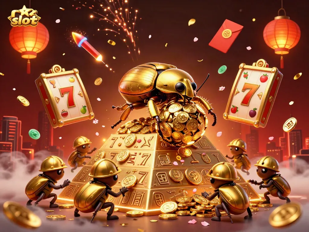 Experience thrilling gameplay with the link slot, captivating golden beetles, and vibrant casino elements.