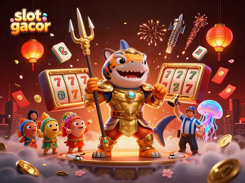 Experience thrilling slot gacor action with a 3D tiger shark amidst vibrant casino elements and a lively underwater scene.