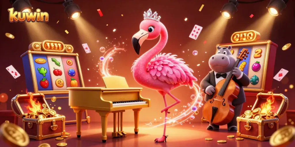 Experience the vibrant kuwin casino scene with a flamingo performer and hippo bassist surrounded by slot game elements.