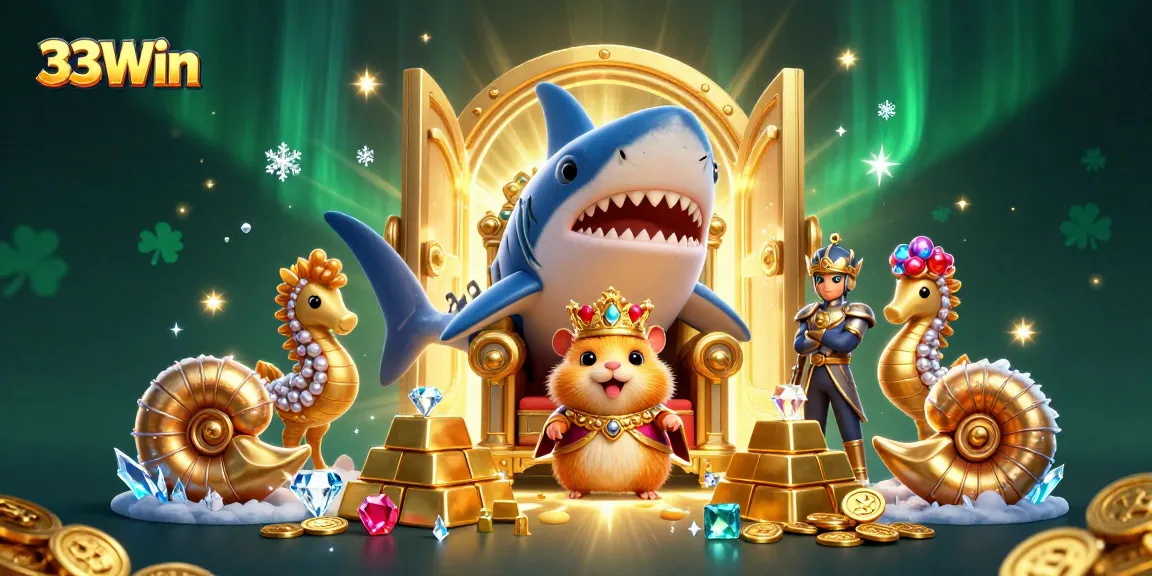 Engage with 33Win's vibrant casino scene featuring a golden hamster king on a megalodon throne among treasures.