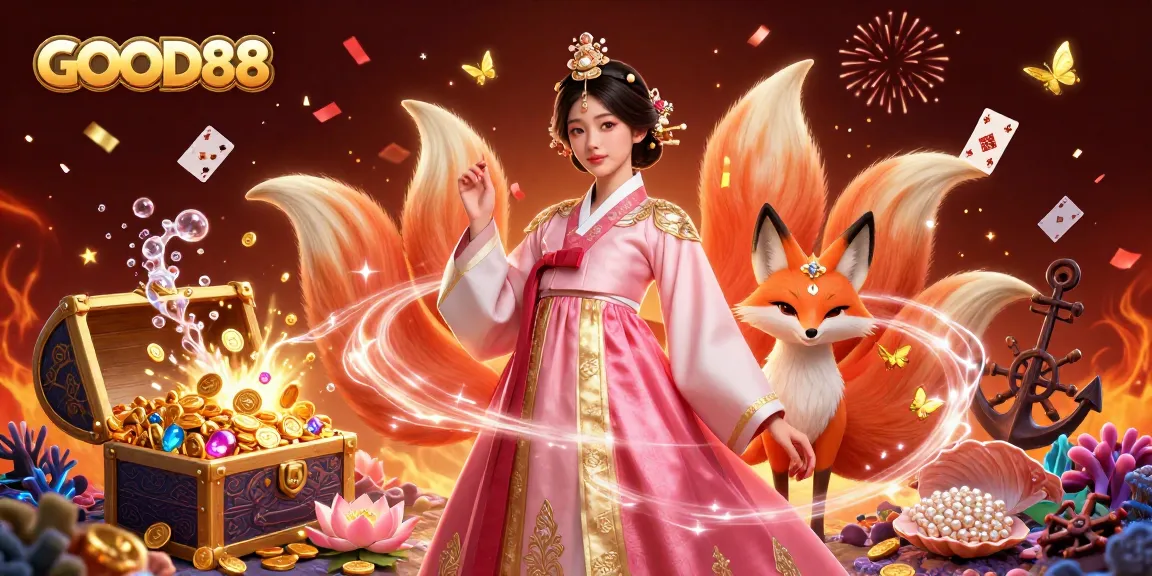 Experience the thrill of GOOD88 with a scene depicting Asian elegance, lucky symbols, and dynamic gaming elements.