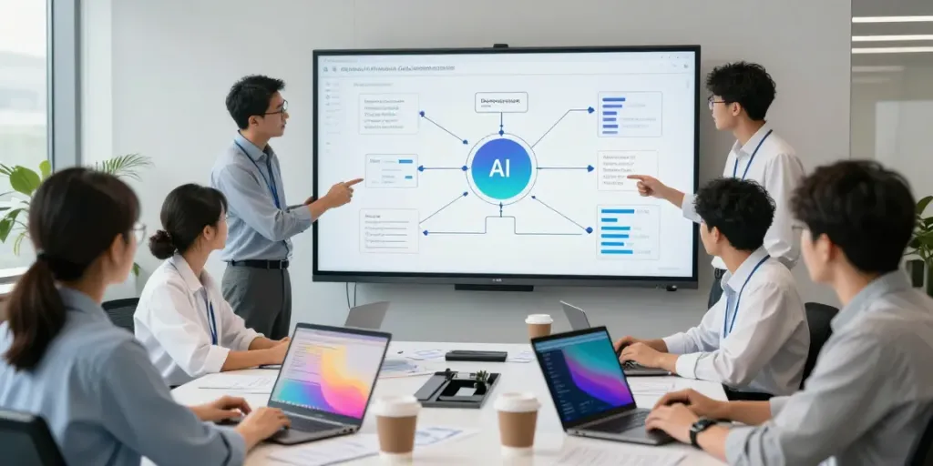 Team collaborating on Enterprise AI implementation in a modern office setting.