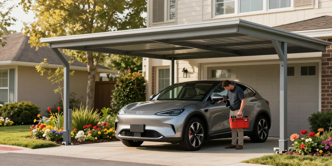 Der Carport schützt ein modernes Auto in einem Vorortgarten mit Blumen und Sonnenlicht.