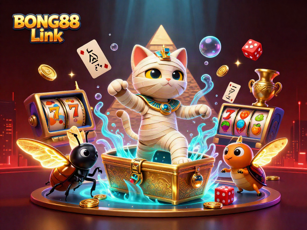 Play exciting games with the BONG88 Link featuring a dynamic Egyptian theme and colorful casino elements.