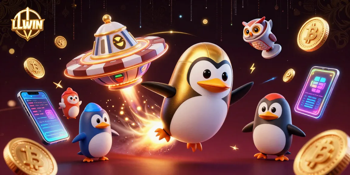 LLWIN captures players’ attention with the golden penguin and casino space station illustration.