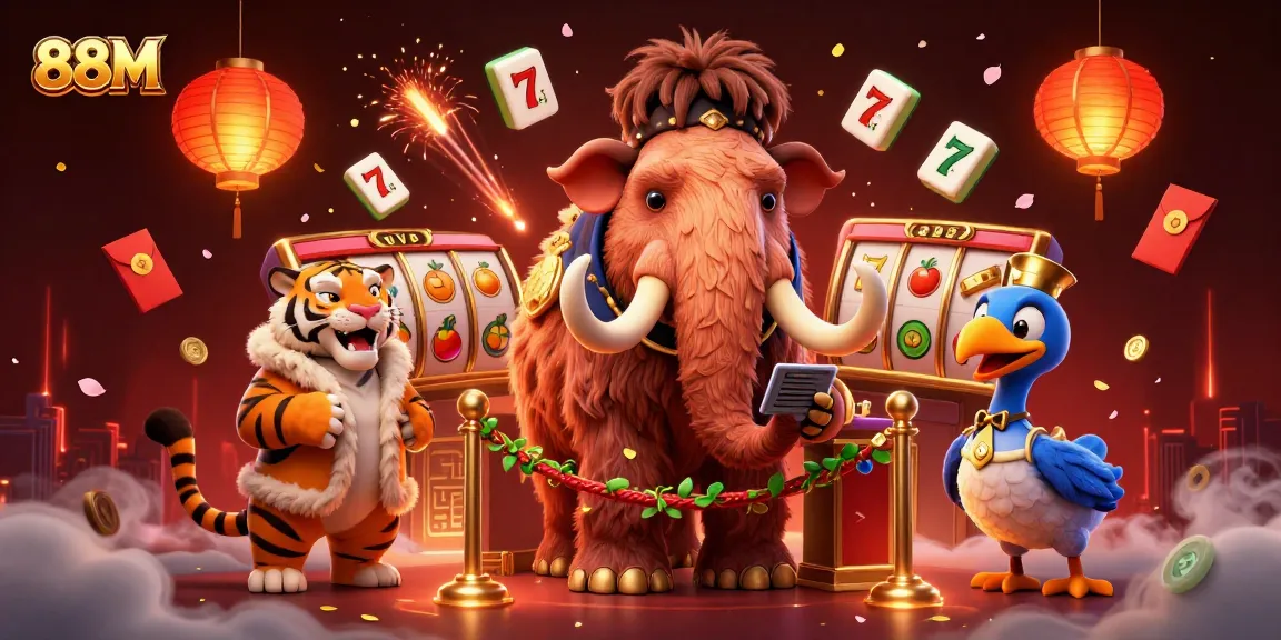 Experience the vibrant excitement at 88M casino with engaging slot games and unique characters in a festive setting