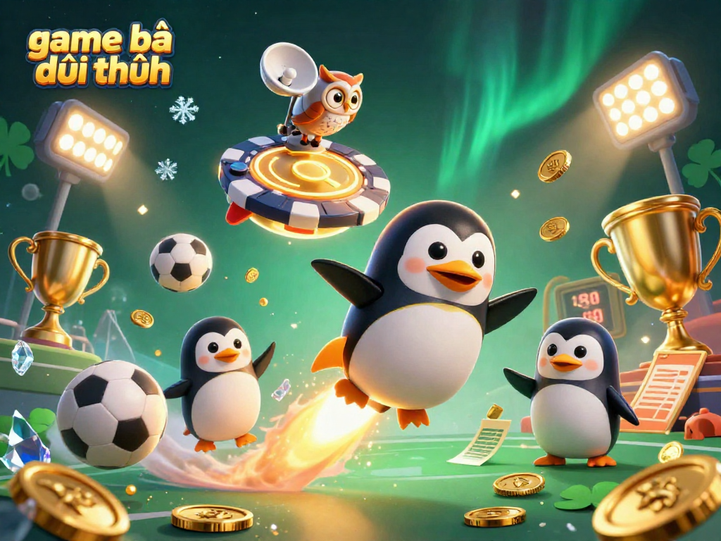 Engaging scene of a golden penguin in space representing game bài đổi thưởng with dynamic elements.