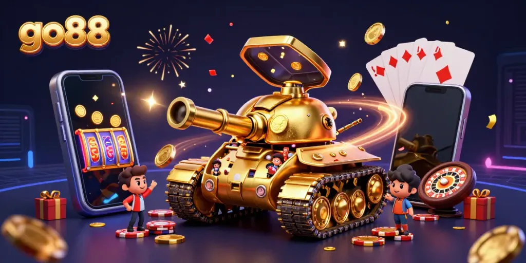 Spin to win at go88 with a vibrant 3D casino scene featuring a golden beetle tank and gaming elements.