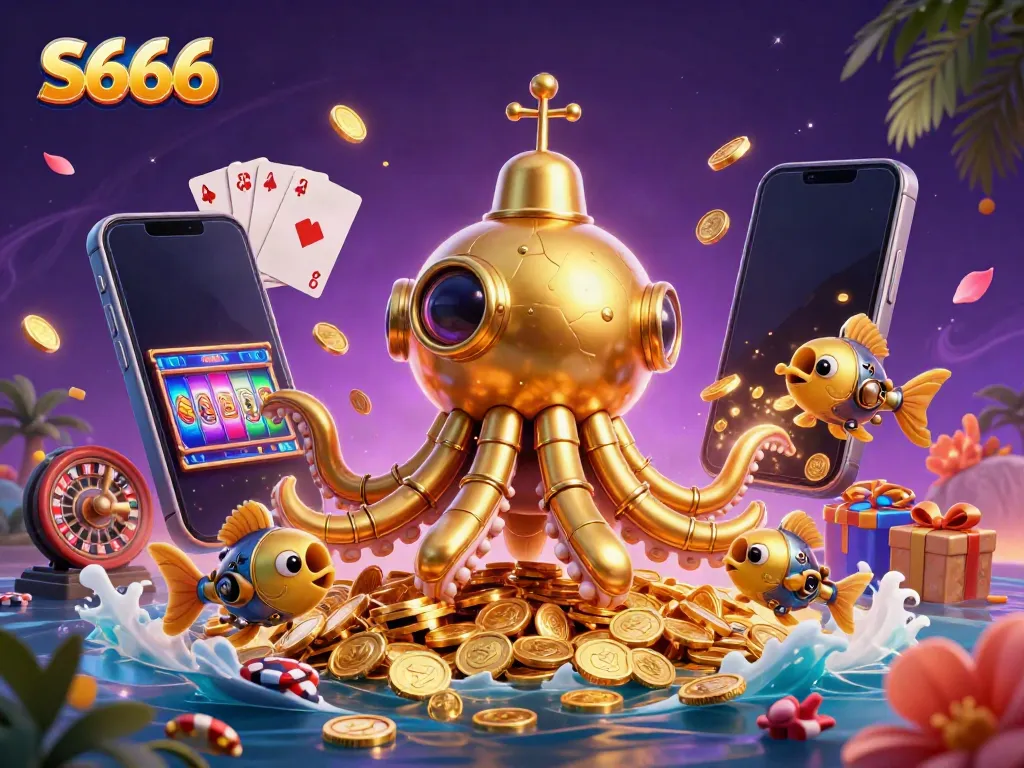 S666 showcases a fantasy world with a golden kraken submarine amidst coins, enhancing the gaming experience.