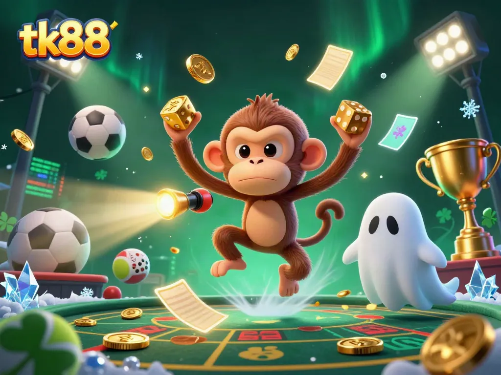 Experience thrilling gaming at tk88 with a mischievous poltergeist monkey juggling golden objects in a lively casino scene.