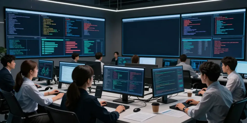 Cybersecurity news team analyzing threats in a modern command center with multiple screens.