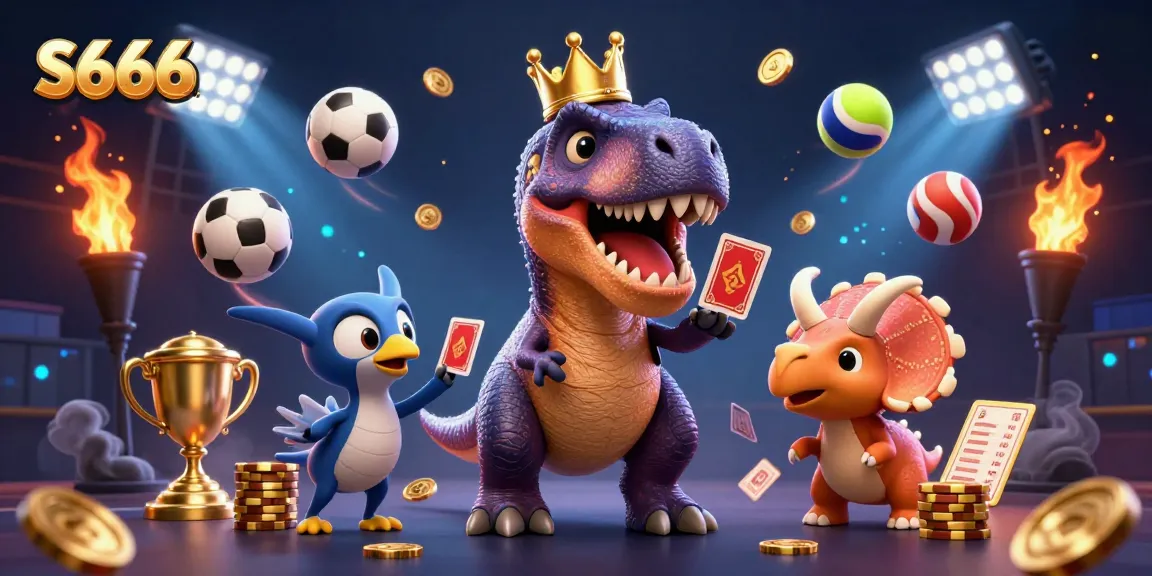 S666 illuminates the casino world as a T-Rex and friends play cards, surrounded by dynamic sports elements.