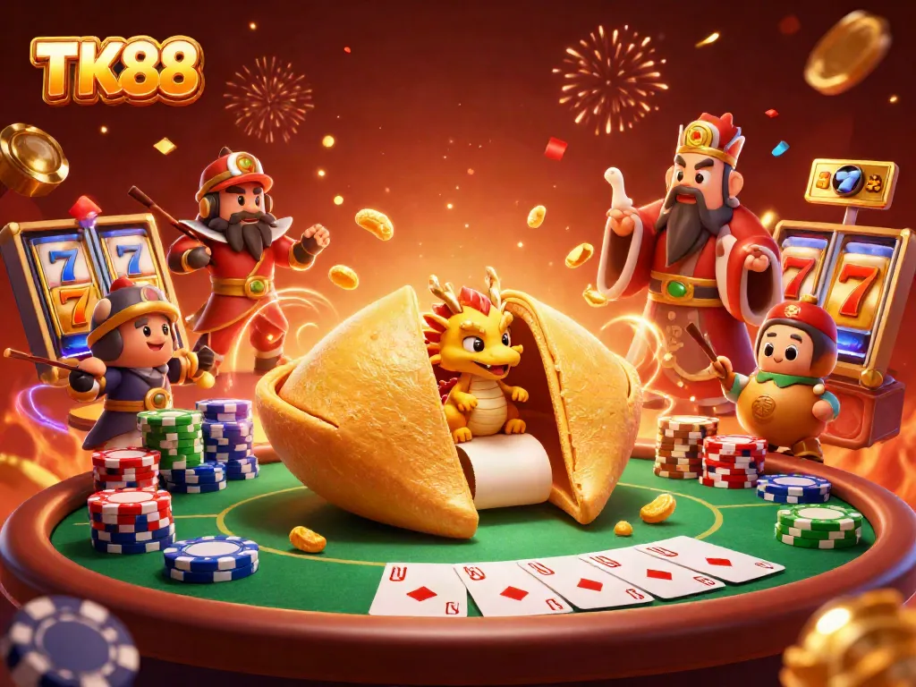 Experience the thrill of winning at TK88 with a dynamic casino scene including a golden fortune cookie, poker chips, and vibrant slot game elements.