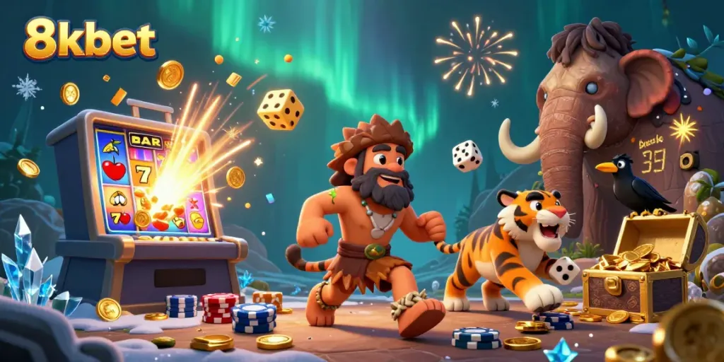 Engage with 8xbet's vibrant prehistoric casino adventure featuring unique characters and casino elements.