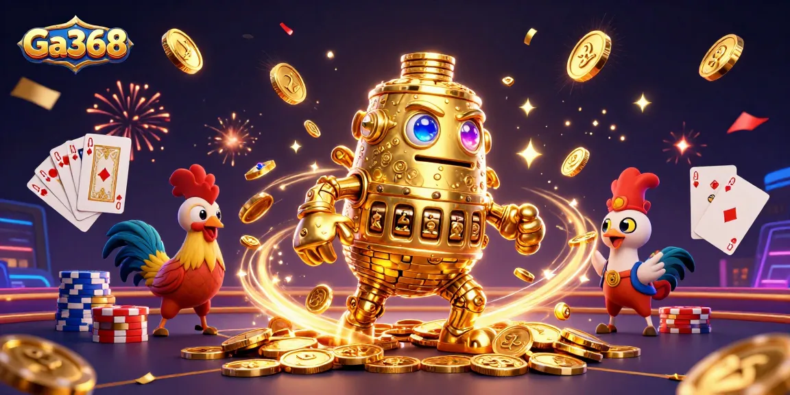 Ga368's thrilling cockfighting arena featuring a dynamic golden golem amid a flurry of casino elements.