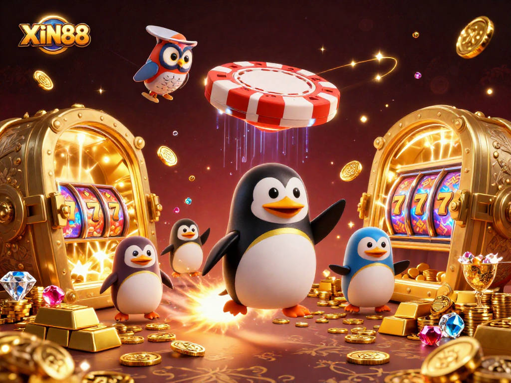 XIN88 slots illustration with a golden penguin and vibrant casino elements in space.