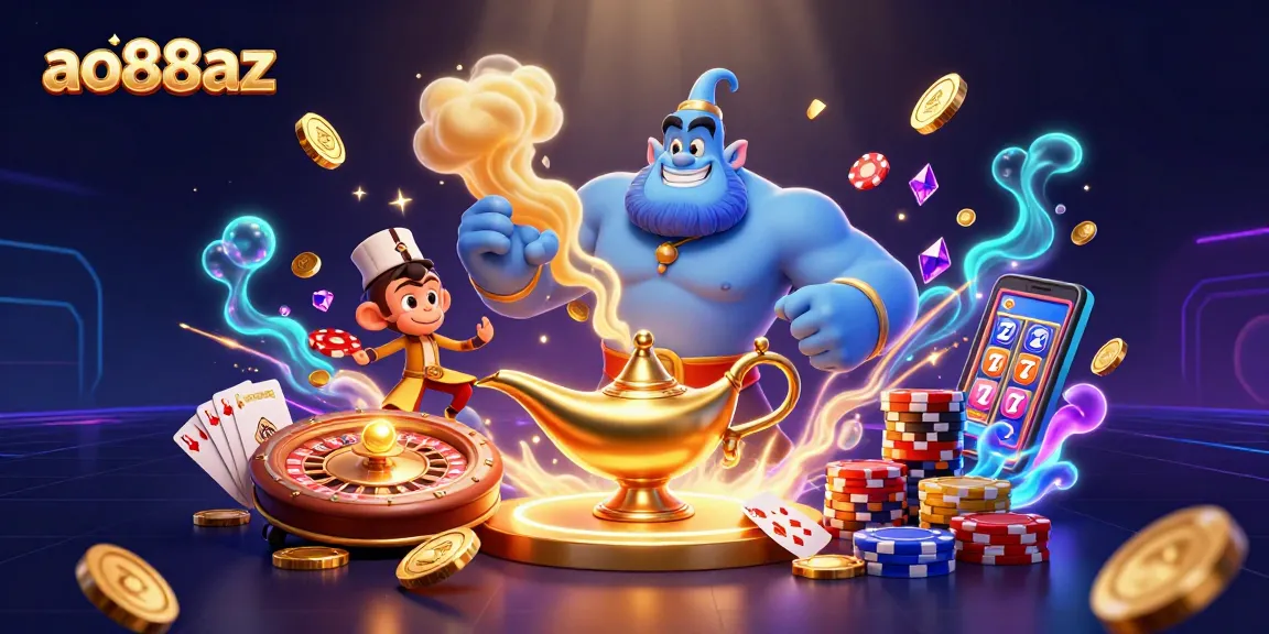 Experience thrilling gambling excitement with the ao88az genie, golden coins, and vibrant poker chips.