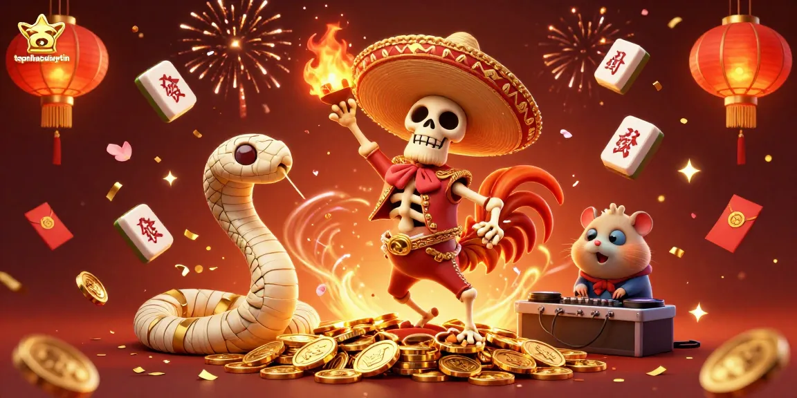 Celebrate with topnhacaiuytin as the lucky rooster and friends dance on coins surrounded by festive elements.