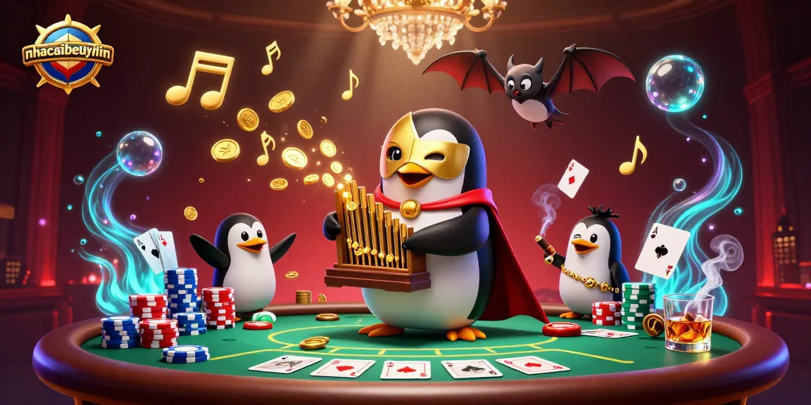 Experience the vibrant energy of nhacaibetuytin as a charming penguin plays an organ that shoots gold coins amidst poker excitement.