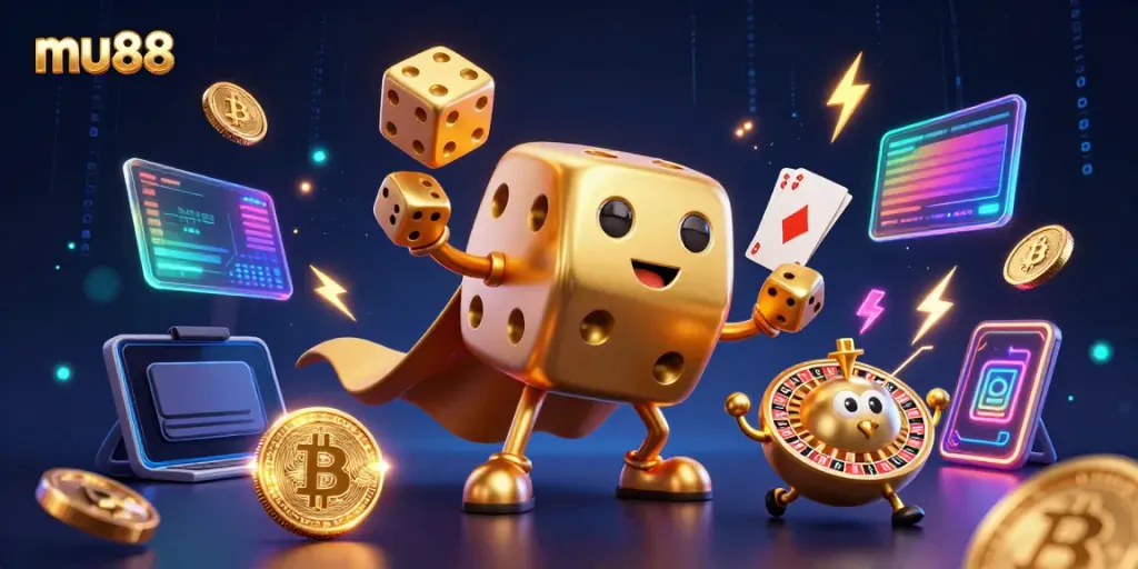 Experience thrilling gaming action with mu88's vibrant 3D casino illustration showcasing unique characters and crypto elements.