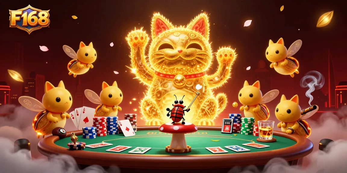 Experience the vibrant F168 casino gaming scene with a lucky cat and dynamic poker elements.