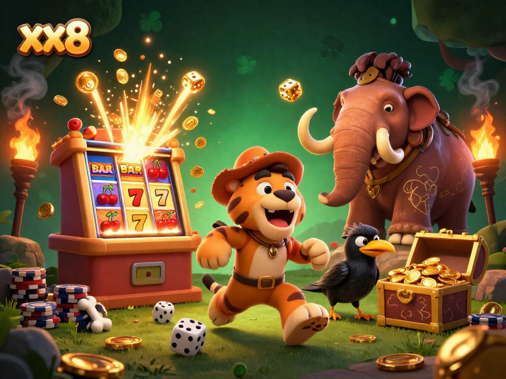 Experience the excitement of xx8 with the prehistoric casino scene featuring playful characters and vibrant slot machines.