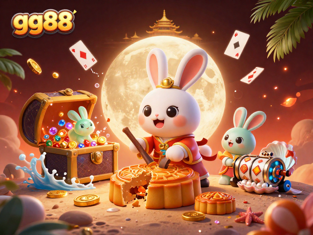 Join the fun at gg88 with a vibrant casino scene featuring a moon rabbit and poker chips.