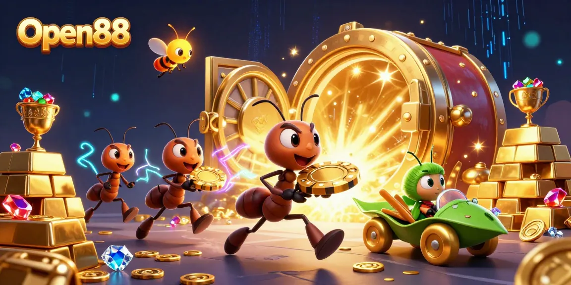 Open88's vibrant heist scene showcasing ants with poker chips and sparkling treasures in a captivating casino setting.