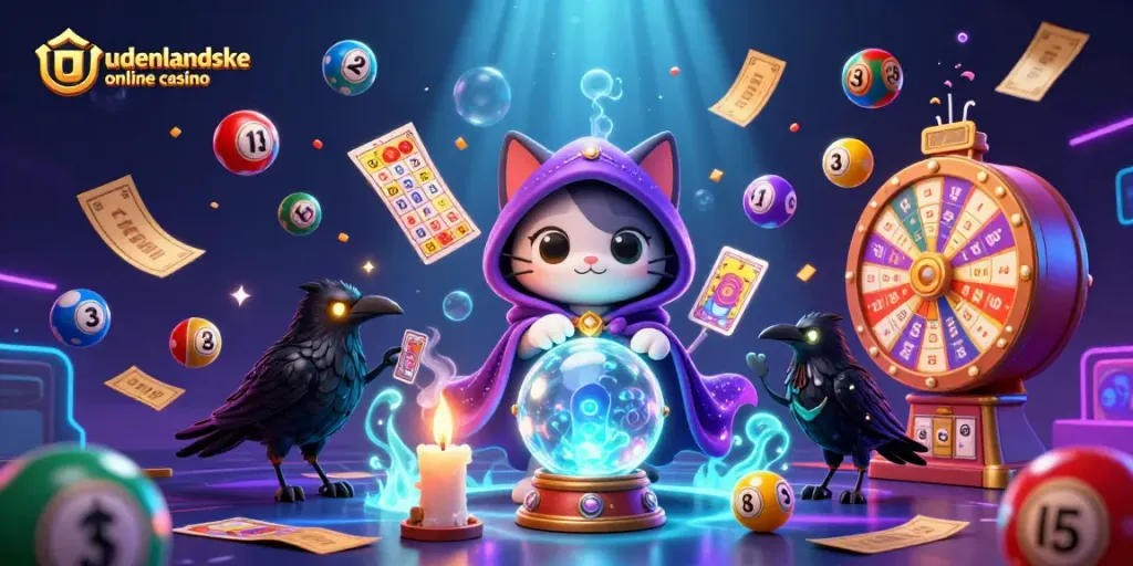 Engage with udenlandske online casino through a vibrant illustration of a fortune teller and bingo elements.