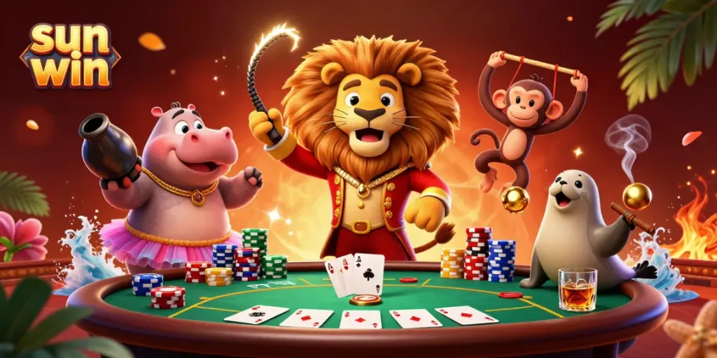 Experience thrilling gameplay with sun win's vibrant casino illustration featuring fun characters and poker elements.