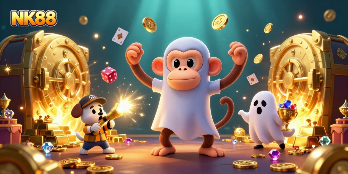 NK88 gaming experience with a mischievous monkey and ghost-hunter puppy in a vibrant casino.