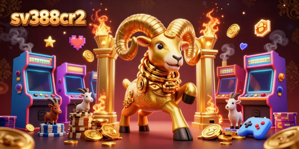 Bet on sv388cr2 with a powerful golden ram charging through a vibrant casino scene filled with arcade games and competitive energy.