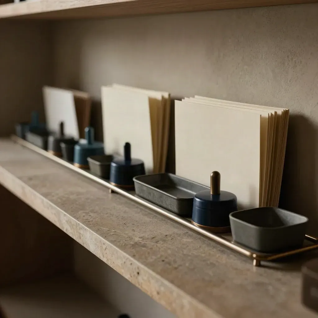Farbige Task-Pucks und Ordner in Chartrays auf einer Steinleiste im warmen Fensterlicht.