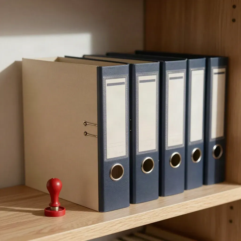 Archivordner mit Siegelstempel und Aufbewahrungsboxen auf hellem Eichenholz im warmen Licht.