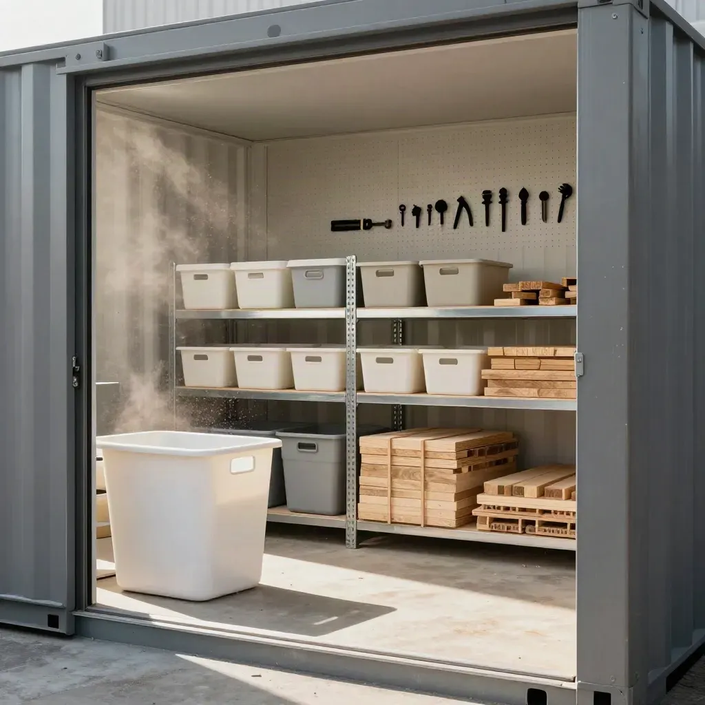 Geordneter Baucontainer mit sortierten Kisten, Holzresten und Werkzeugen im Licht.
