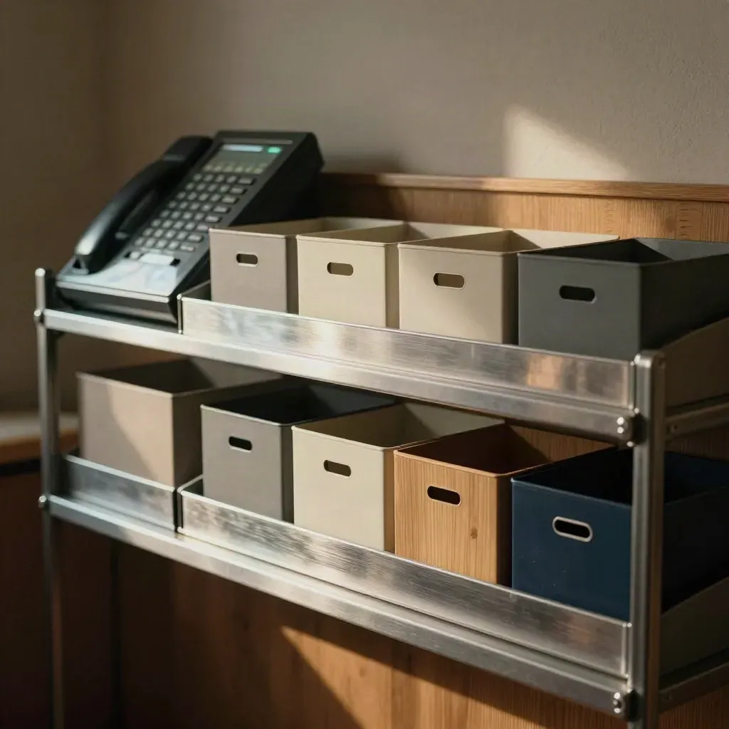 Sortierte Poststation mit Ablagen, dunklem Display und farbigen Boxen im warmen Licht.