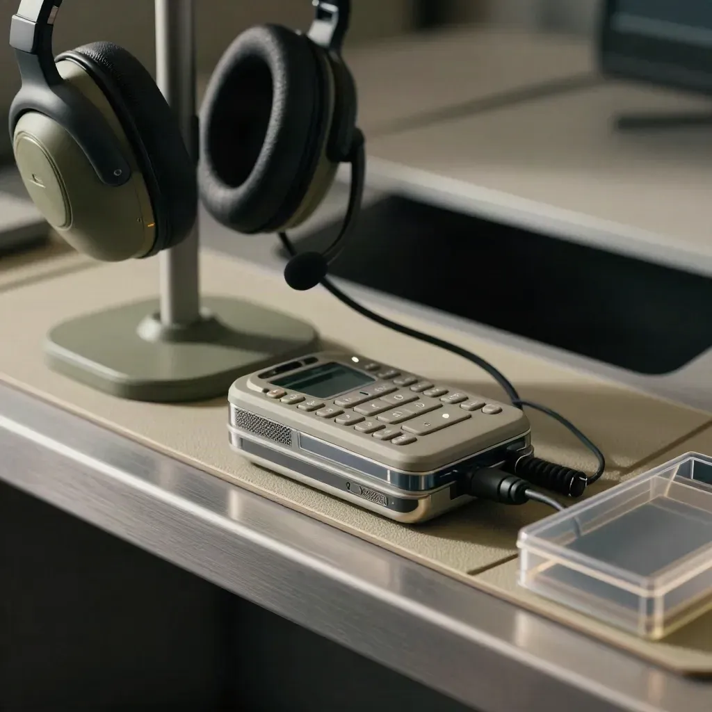 Nahaufnahme von Telefonkonsole, Headsetständer und leuchtenden Tray-Stapeln im Servicebereich