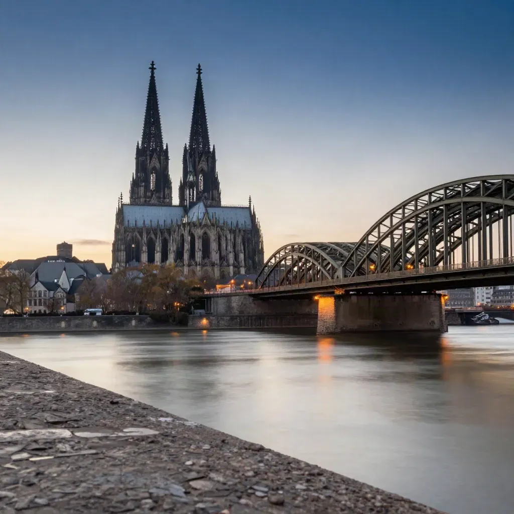 Dom und Brücke über dem Rhein in der blauen Stunde, ruhig und weit