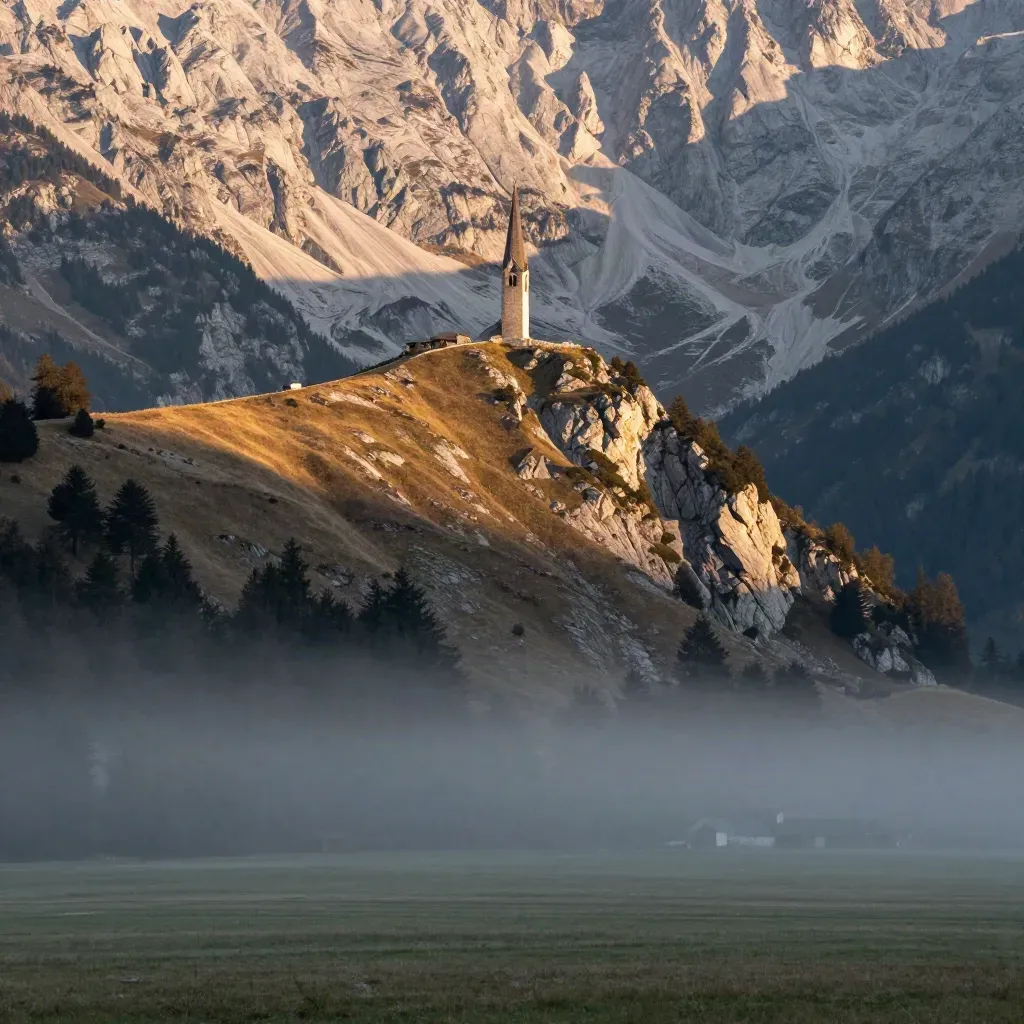 Bayerische Alpen im Abendlicht über stillem Kalktal mit Kirchturm auf dem Grat