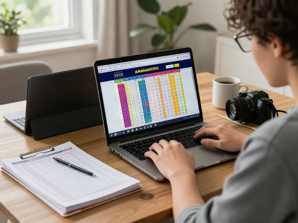 Engaging scene of a user analyzing AMANAHTOTO online togel results in a cozy home setup.
