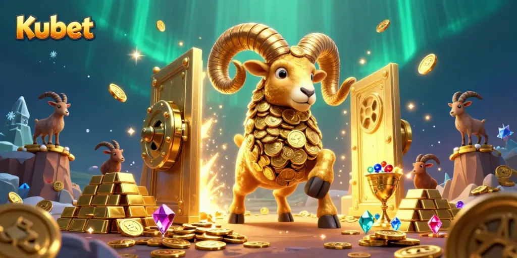 Kubet showcases a massive golden ram charging through a treasure vault, surrounded by shining riches.