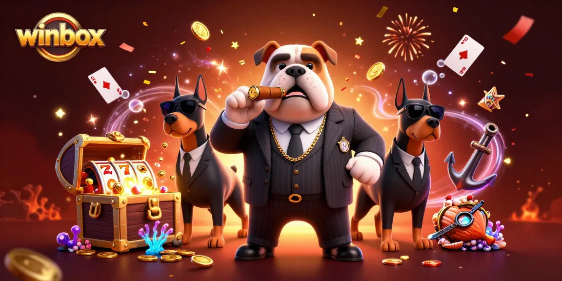 Winbox gameplay featuring a mafia boss bulldog and Doberman bodyguards around a treasure theme.