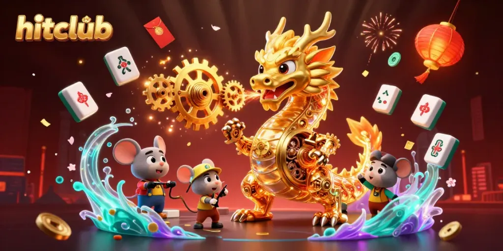 Engage with the hitclub casino experience illustrated by a majestic dragon amidst glowing game elements.