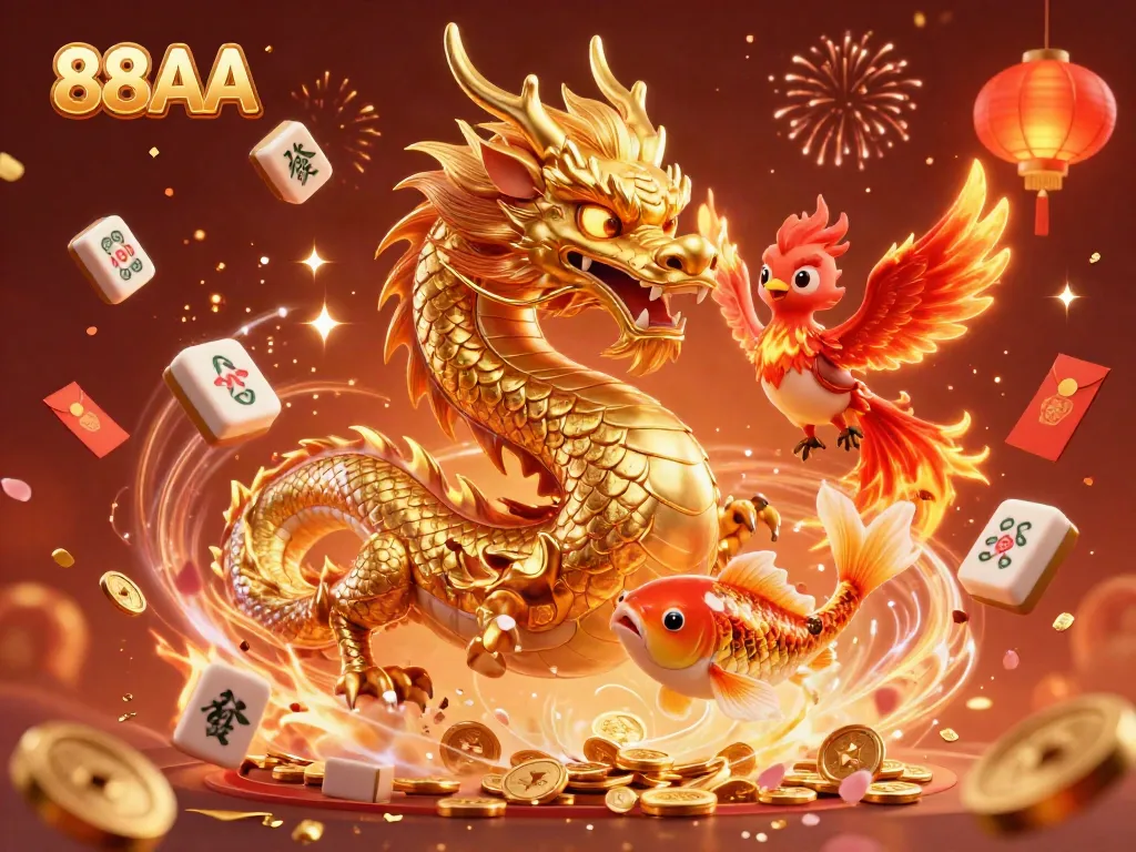 Play exciting games with 88AA in this vibrant scene featuring a golden dragon, phoenix, and koi fish.