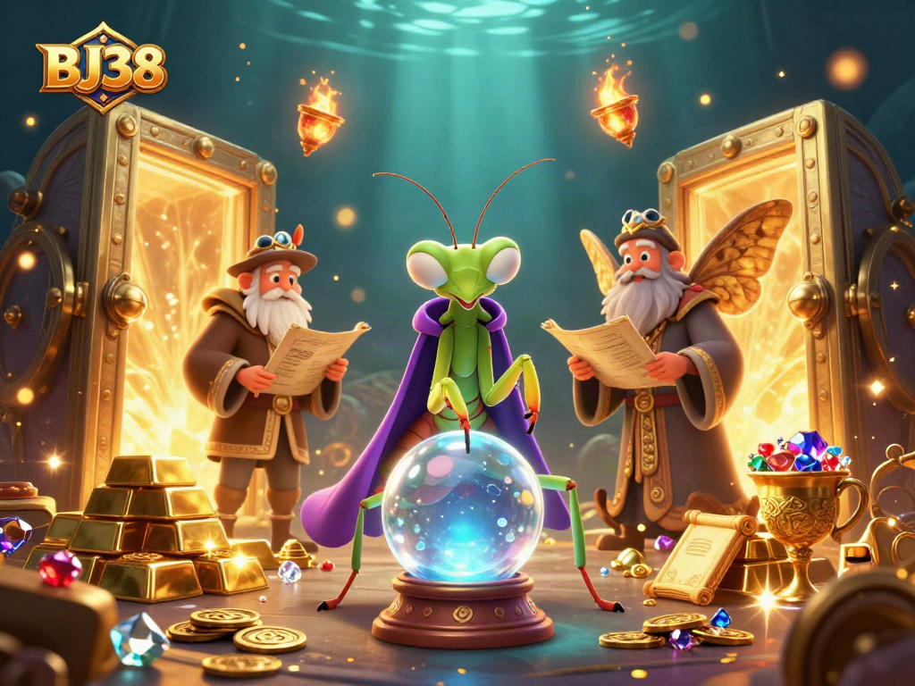 BJ38 players engage in thrilling casino action with a mystical fortune teller and treasures sparkling.