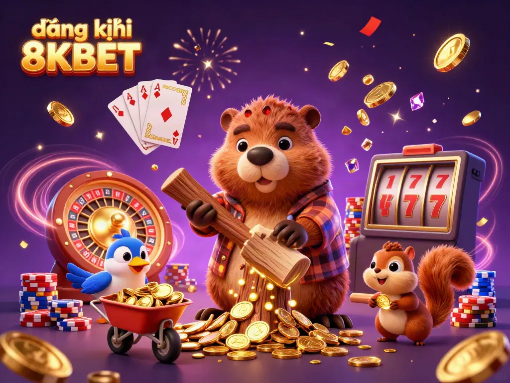 Experience the excitement of đăng ký 8KBET with a 3D illustration of a beaver and friends collecting golden winnings.