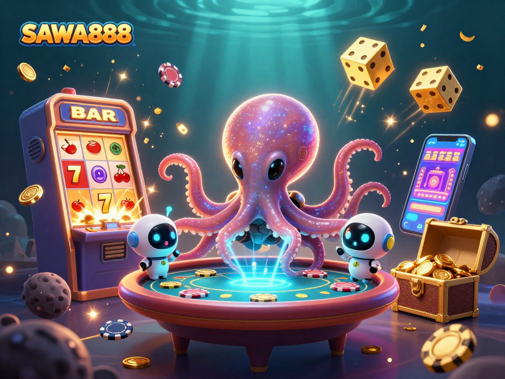 Experience thrilling gameplay with SAWA888's vibrant casino scene featuring an alien octopus and dazzling slot machines.