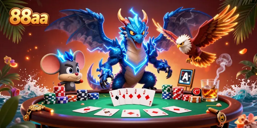Experience thrilling 88aa gameplay with a thunder dragon, hawk, and poker elements.
